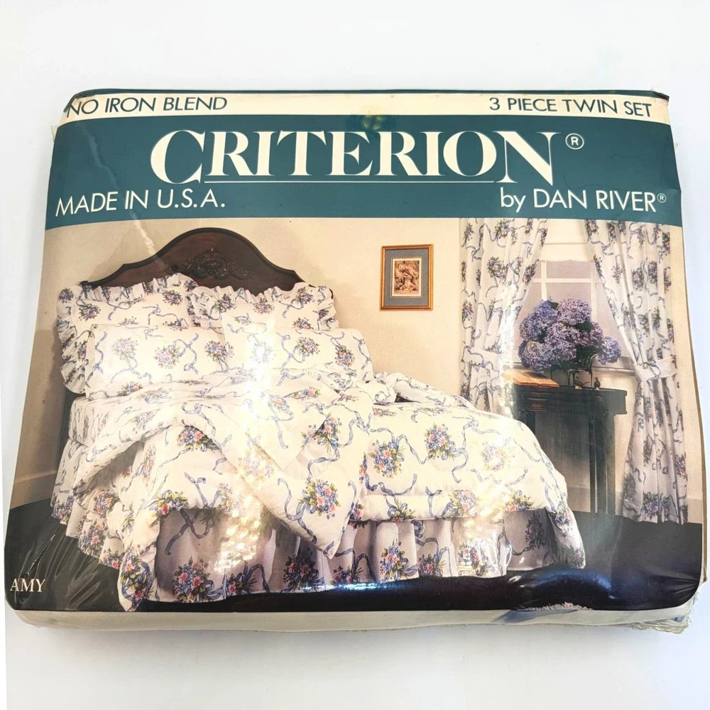Vintage Criterion Dan River Amy Floral Twin Sheet Set 3pc Blue Ribbon USA Retro